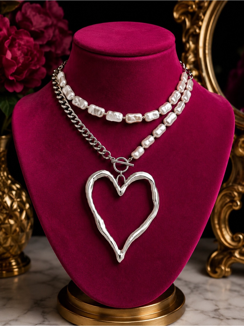 Layered Silver Heart Pendant Necklace with White Baroque Pearls